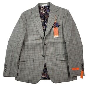 Tallia‎ Slim-Fit Wool Blazer Mens 38S 38 Cream Brown Plaid Suit Jacket $425 NEW